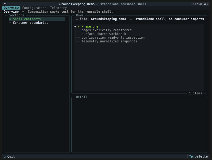 A Groundskeeping workbench with page tabs, navigation, results, and detail